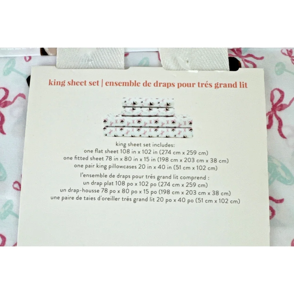 Peri Home espresso martini king 4pc Sheet Set White Pink Ribbon soft new